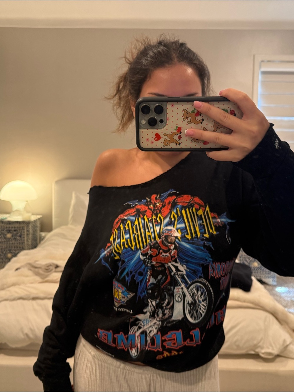 Off-Shoulder Black Graphic Motorcycle Sweatshirt